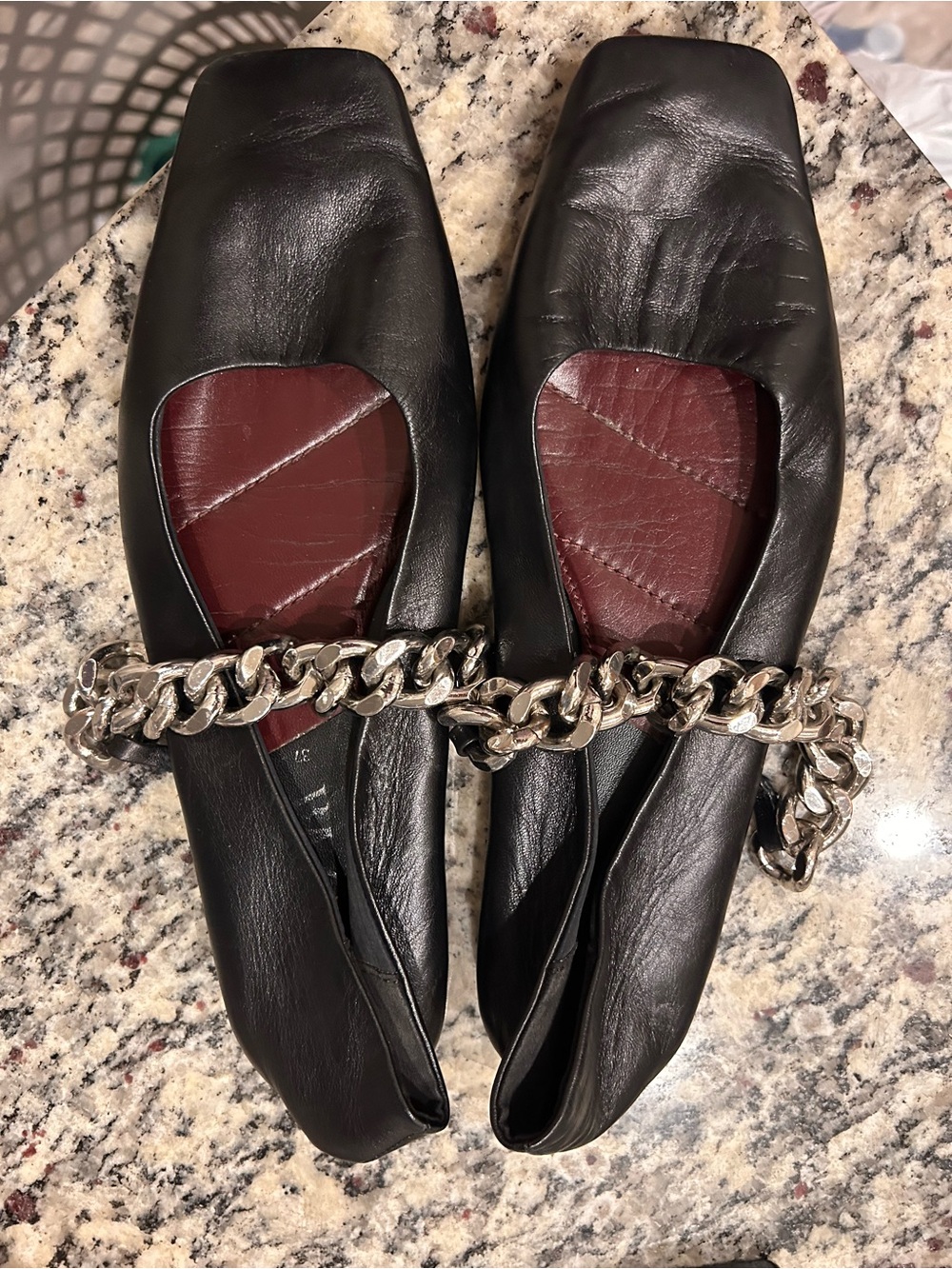 Zara Black Leather Square-Toe Flats with Silver Chain